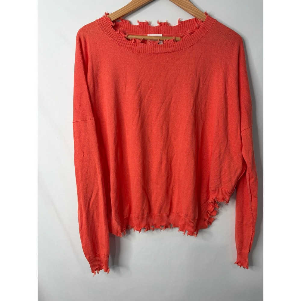 Planet by Lauren G Coral Distressed Pima Modal Sweater O/S Boxy Boho Lagenlook